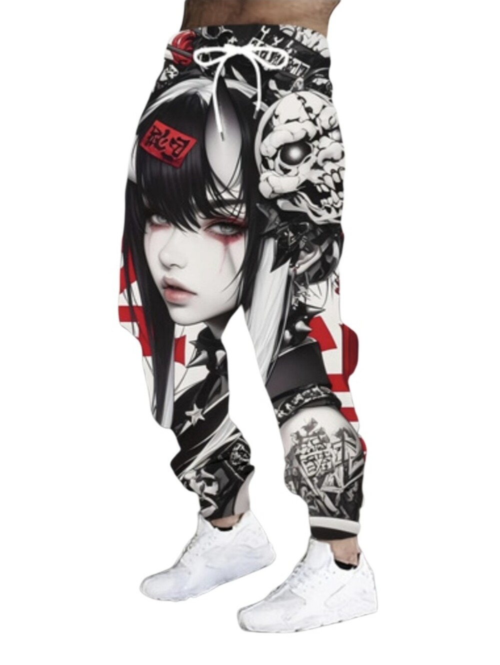 Graphic Anime Skull Jogger Pants - Black, White & Red
